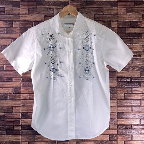 Vintage WestBound White ShortSleeved Buttonup Shirt Meduim with Blue beads - Picture 1 of 13